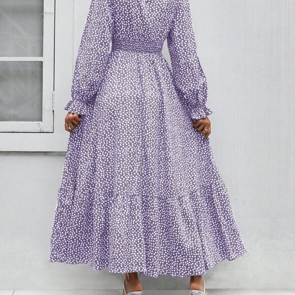 Purple Boho Womens Ditsy Floral Print Flounce Sleeve Shirred Dress - Picture 3 of 5